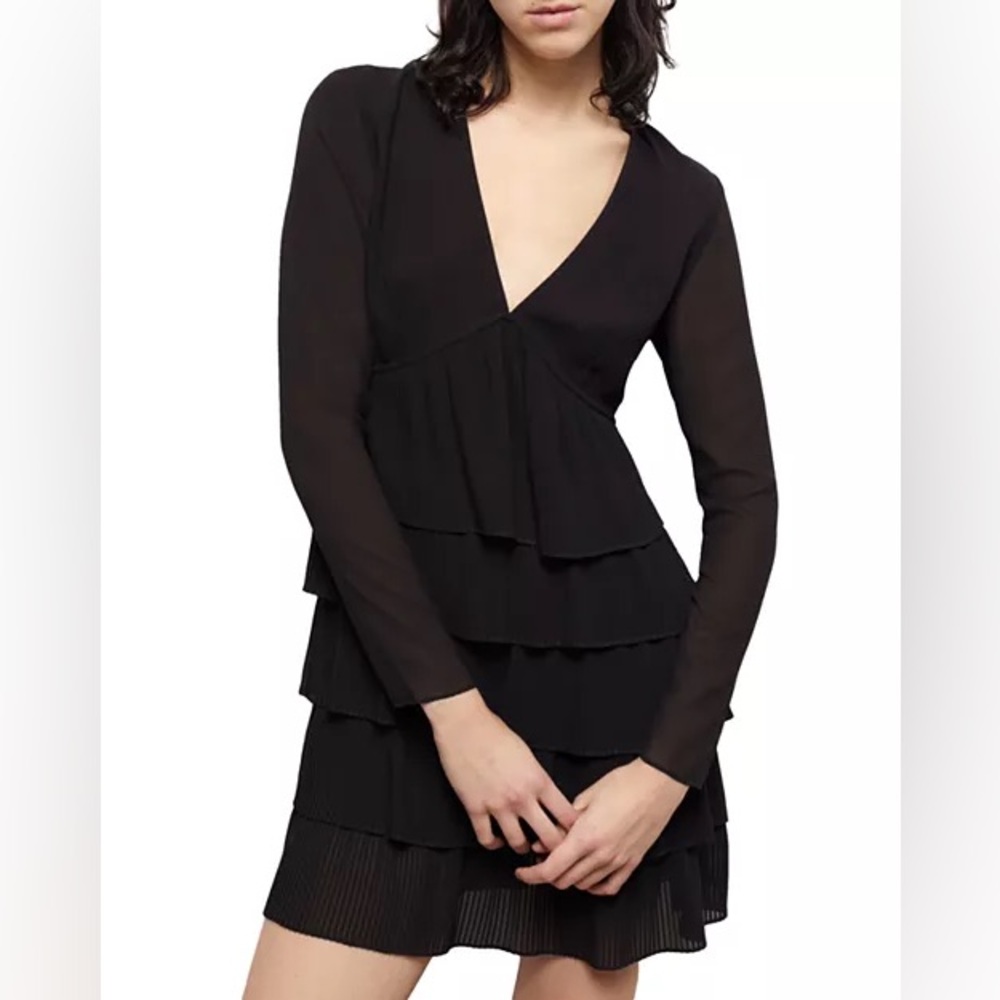 The Kooples Black Long-Sleeve V-Neck Tiered Ruffle Dress